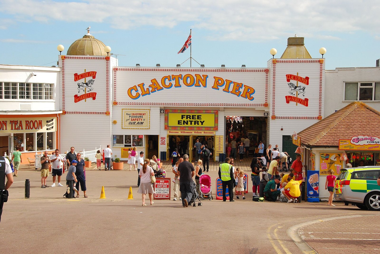 The colourful entrance to Clacton Pier on a busy day
